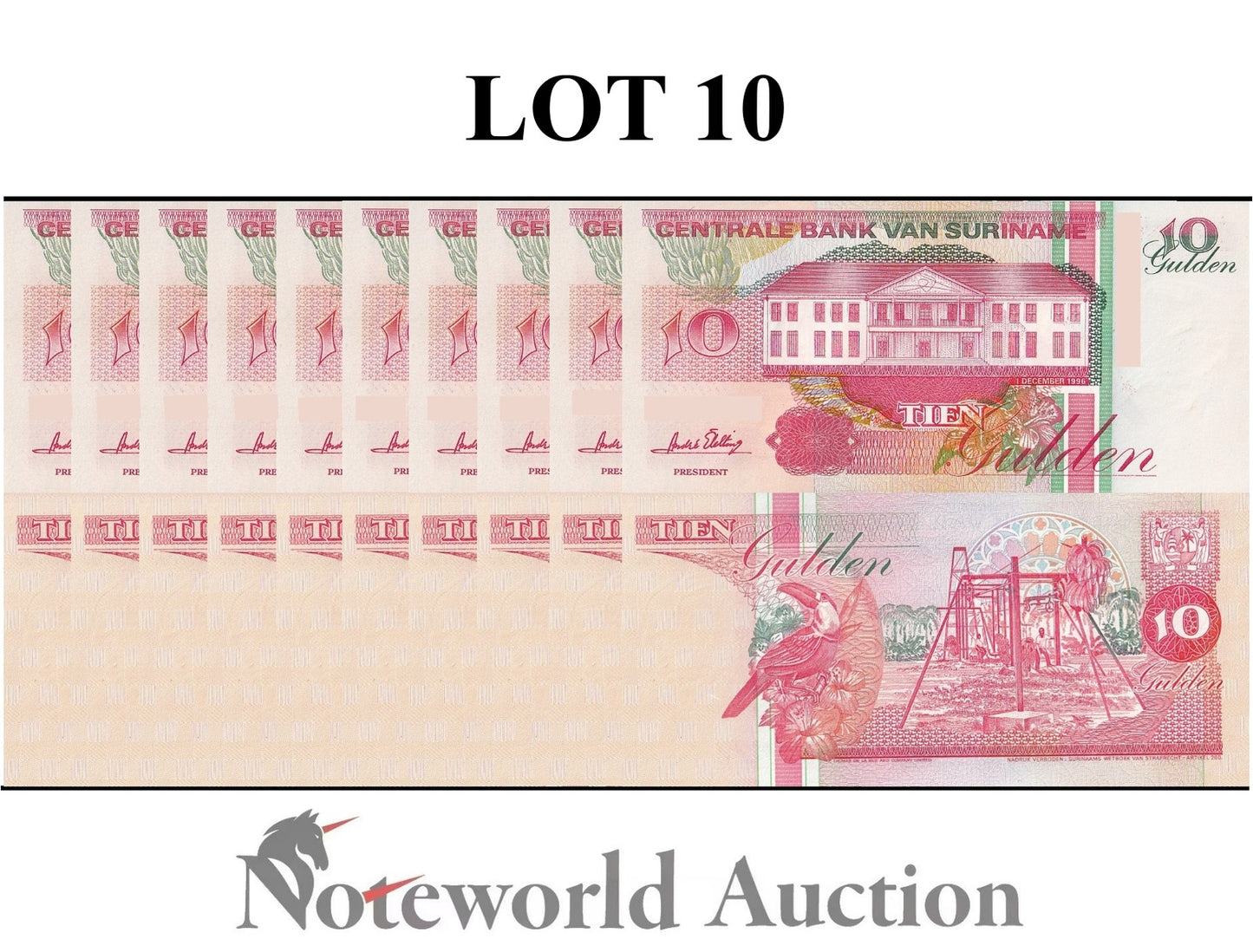SURINAME 10 Gulden 1996 P 137b Lot 10 pcs 1/10 Bundle UNC