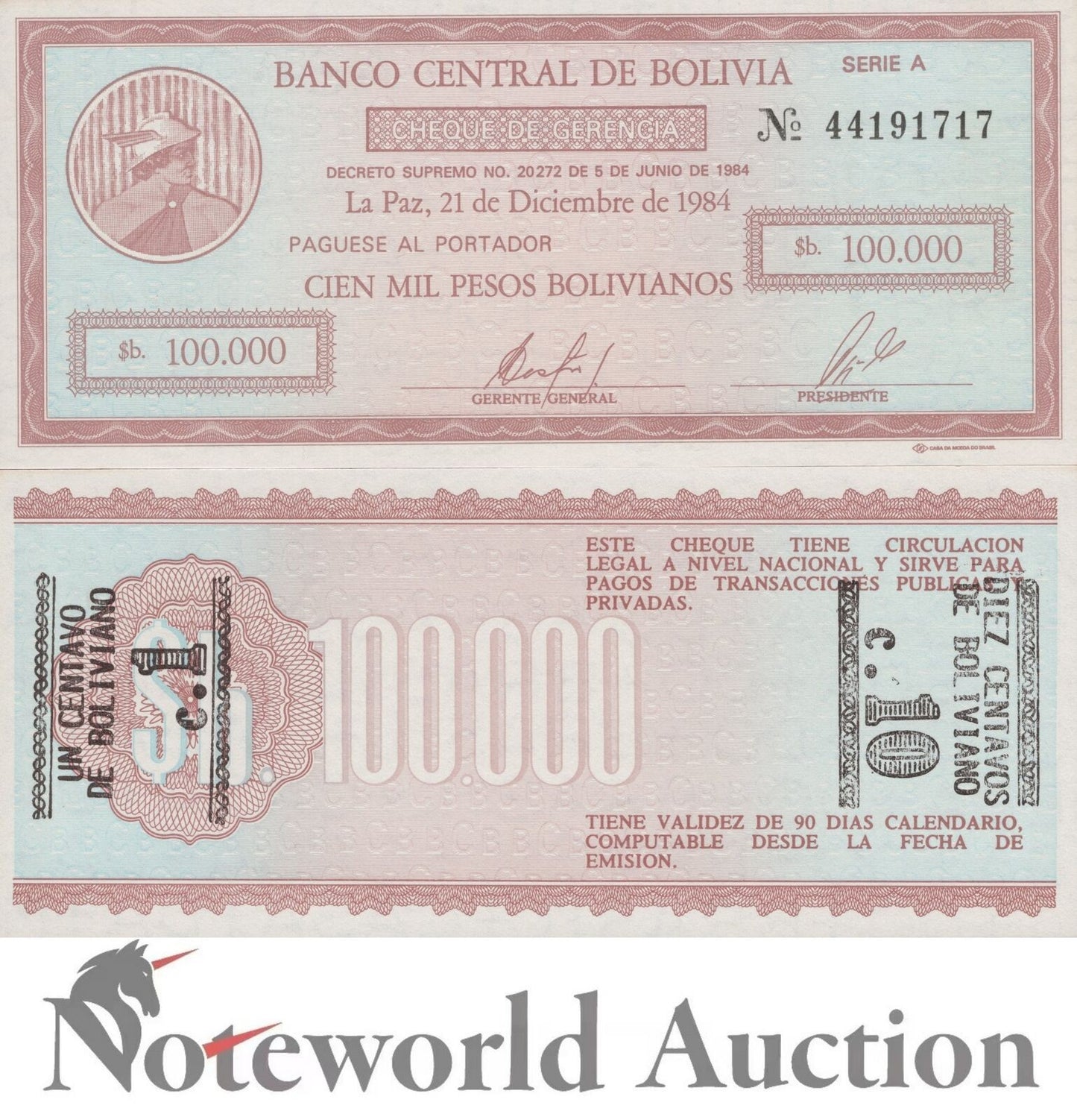 BOLIVIA 100000 Pesos 1984 P 197x Error Minor Foxing UNC