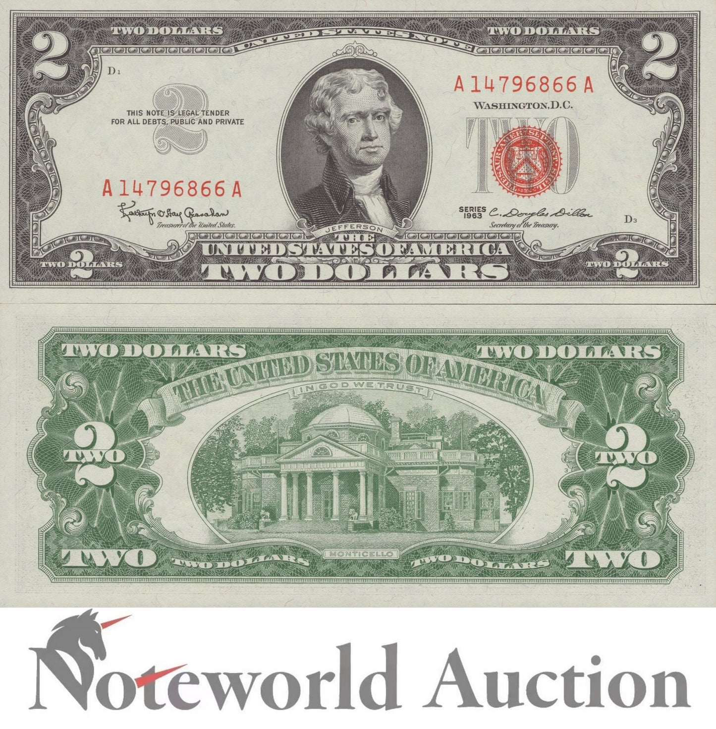 UNITED STATES USA 2 Dollars 1963 P 382a Red Seal UNC