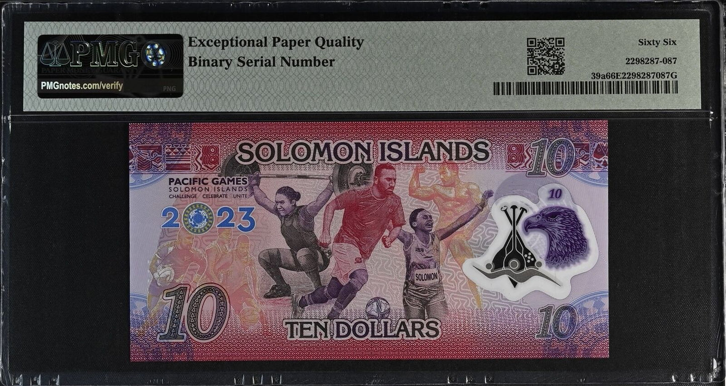 SOLOMON ISLANDS COMM. 10 2023 P 39a Fancy Binary NO.001110 Polymer PMG 66 EPQ