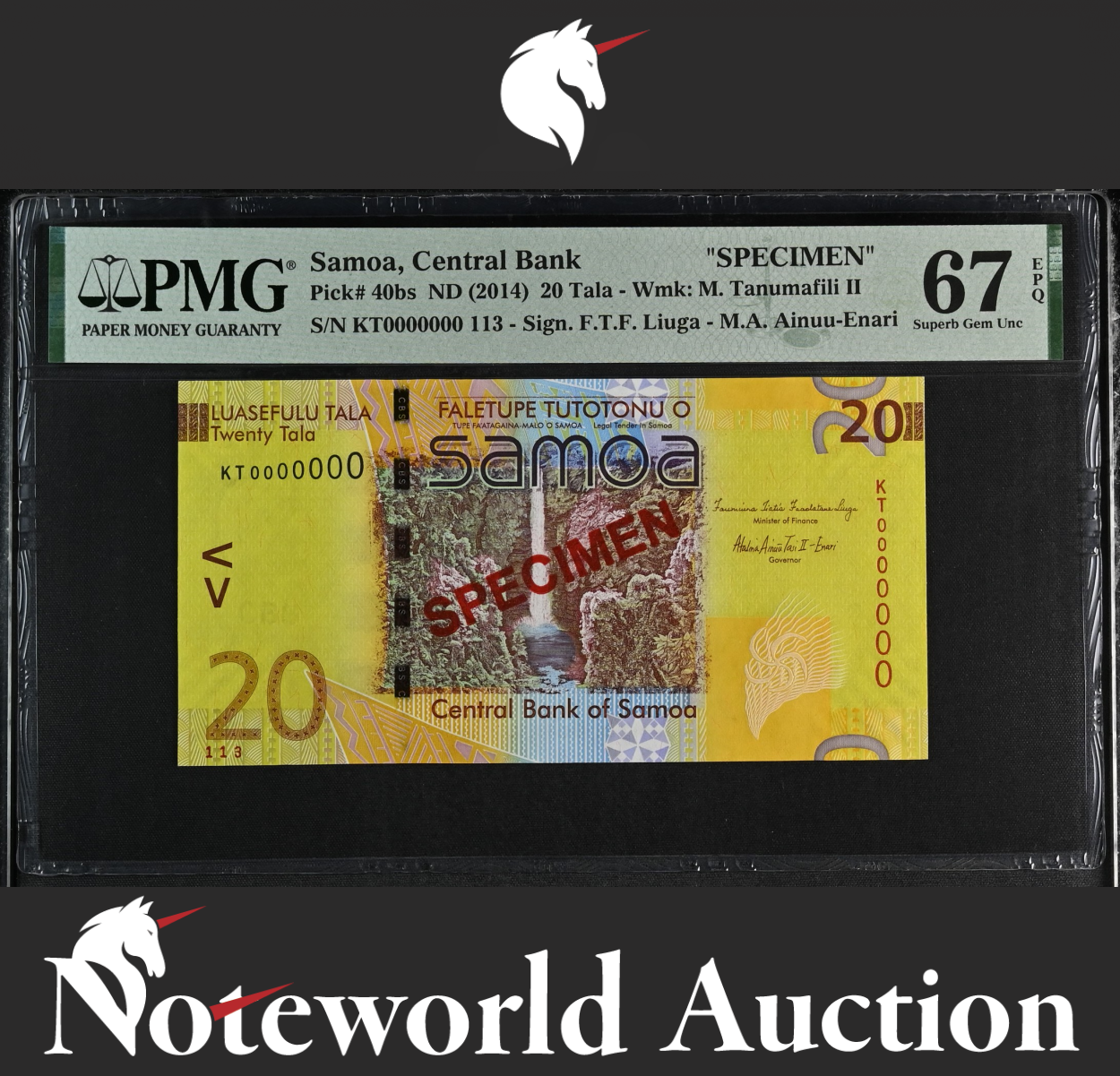 Samoa SPECIMEN 20 Tala ND (2014) P 40bs S/N 113 UNC PMG 67 EPQ TOP POP