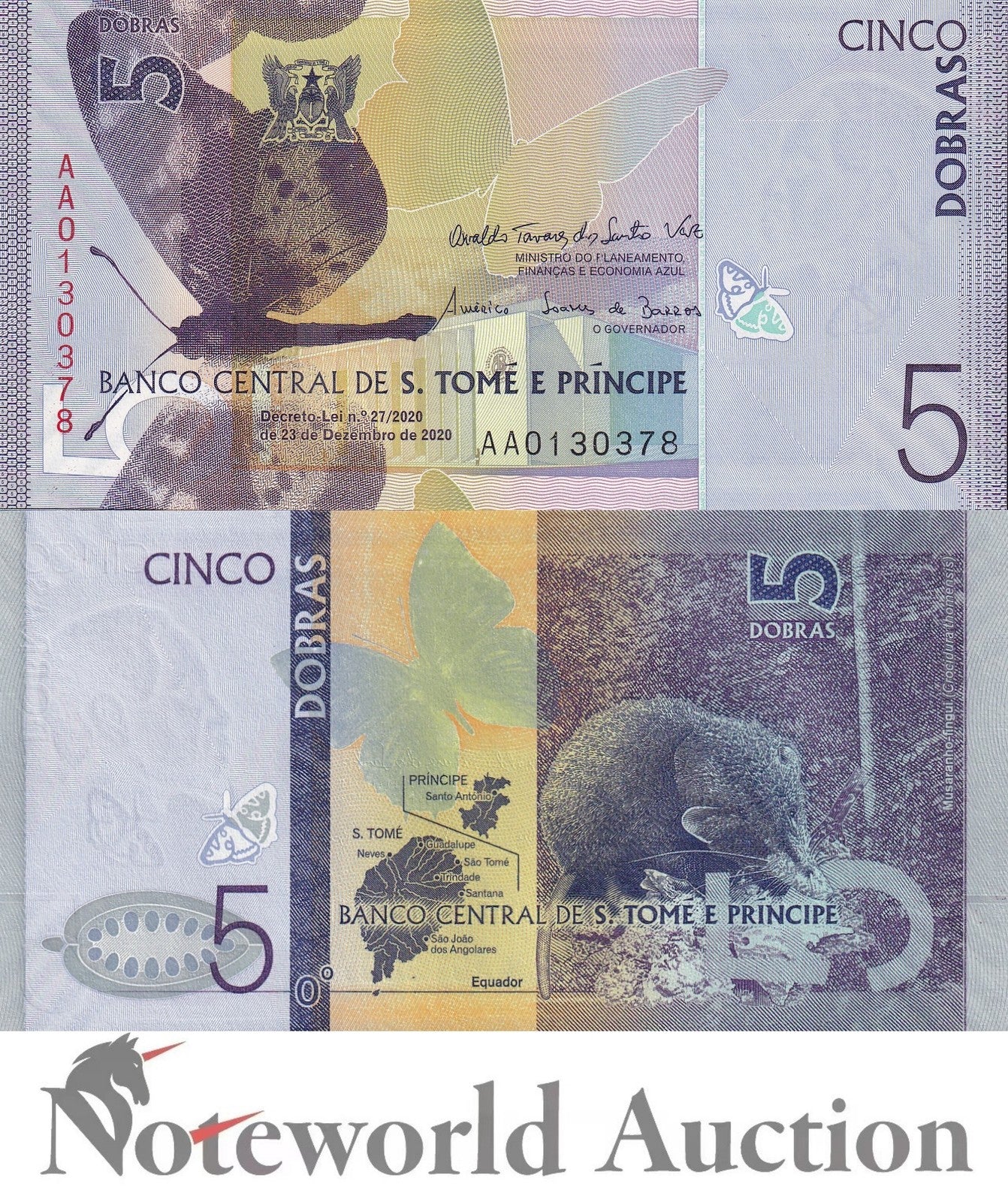 SAO TOME E PRINCIPE 5 Dobras 2020 P 76 First Prefix AA Lot 5 p 1/20 Bundle UNC