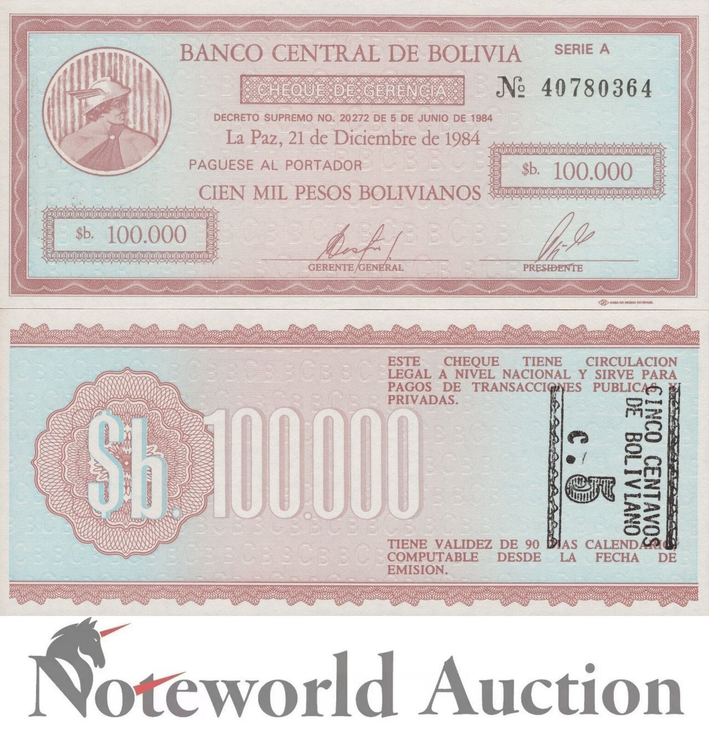 BOLIVIA 100000 Pesos 1984 P 197x Error Overprint 5 Cents UNC