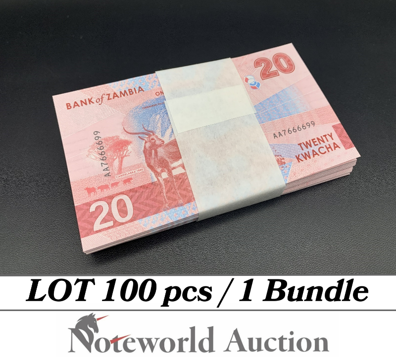 ZAMBIA 20 Kwacha 2024 2025 P New Issue First Prefix AA Lot 100 pcs Bundle UNC