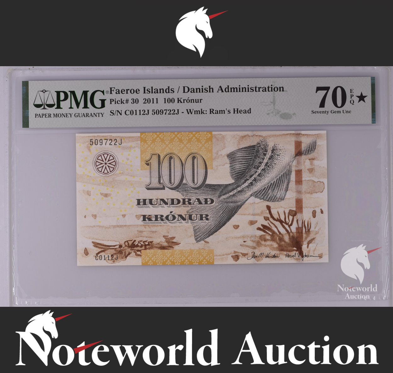 Faeroe Islands / Danish Admin 100 Kronur 2011 P 30 UNC PMG 70 EPQ STAR TOP POP