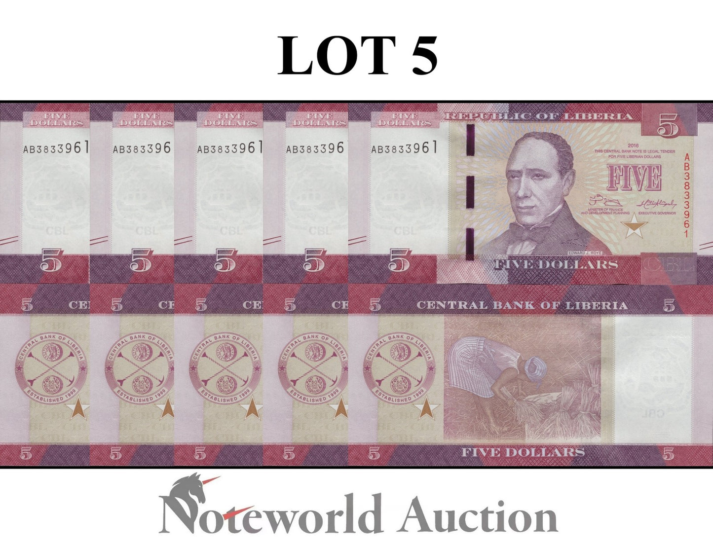 LIBERIA 5 Dollars 2016 P 31a Lot 5 pcs 1/20 Bundle UNC