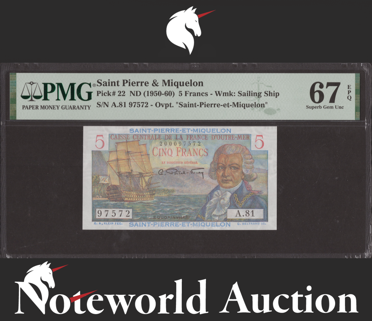Saint Pierre & Miquelon 5 Francs ND (1950-60) P 22 UNC PMG 67 EPQ 3rd TOP POP