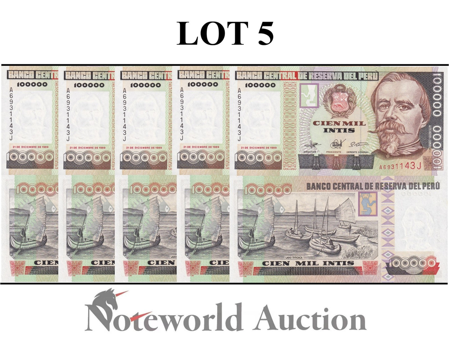 PERU 100000 Intis 1989 P 145 Foxing Lot 5 pcs 1/20 Bundle UNC