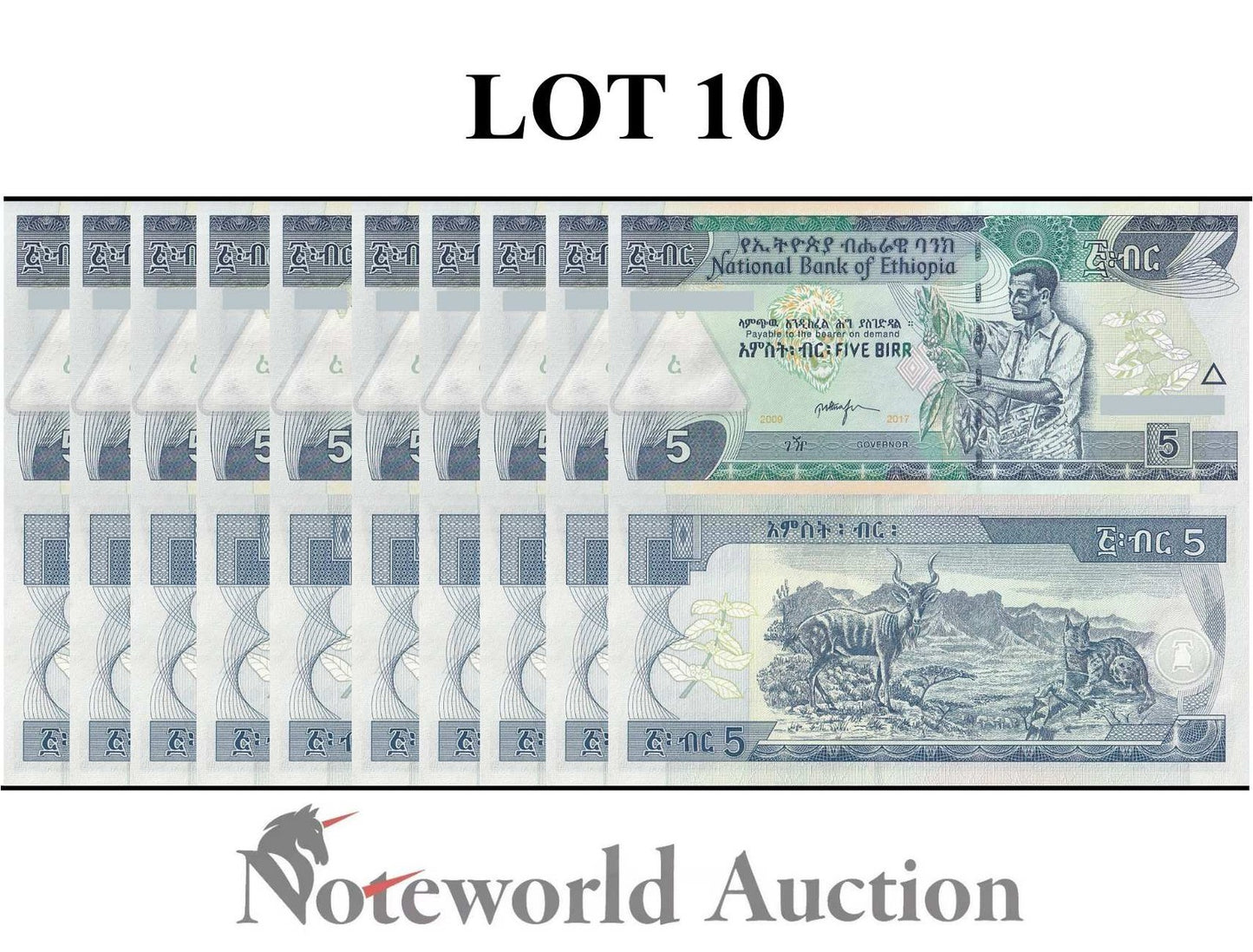 ETHIOPIA 5 Birr 2009/2017 P 47h Lot 10 pcs 1/10 Bundle UNC