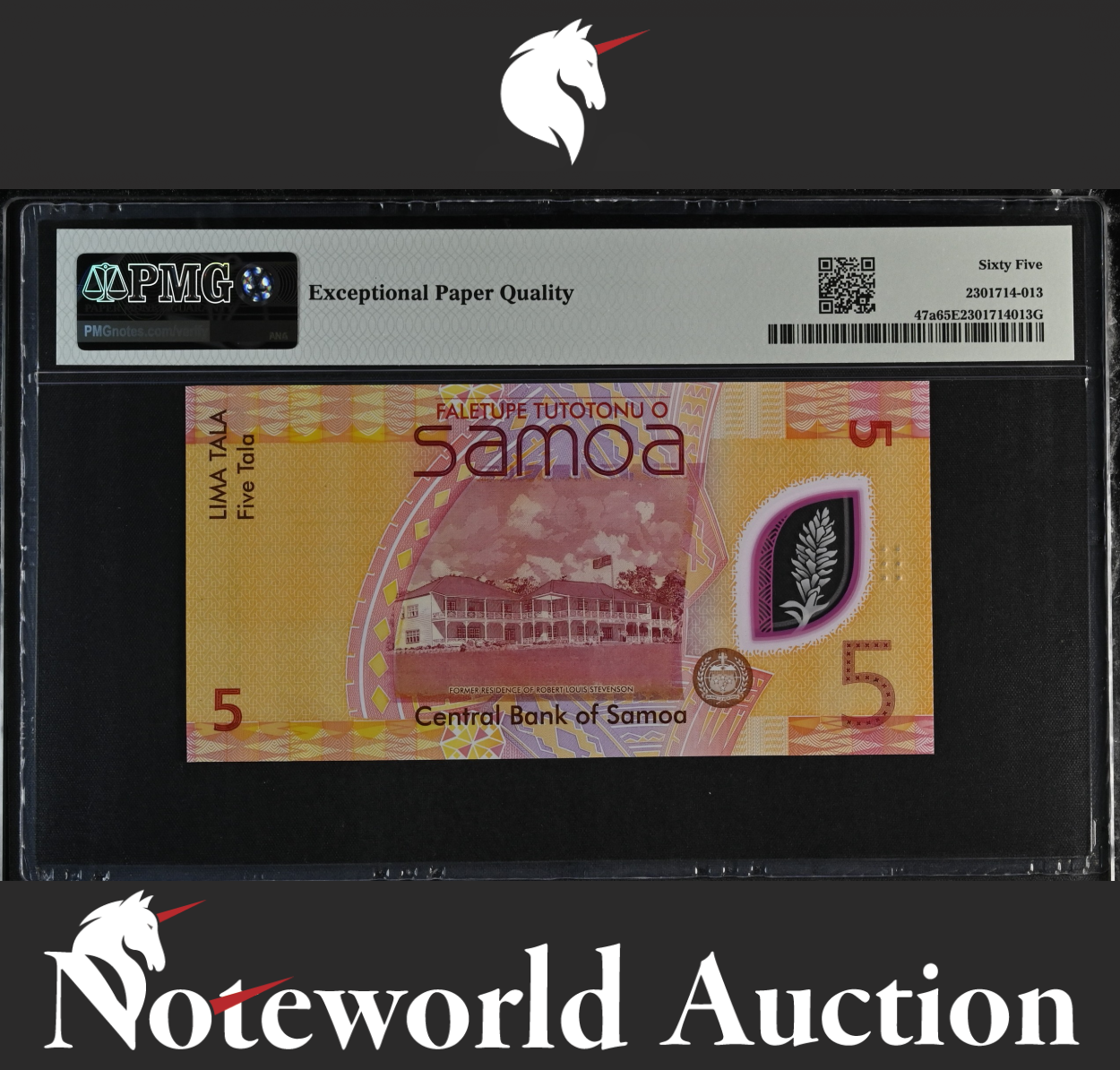 Samoa 5 Tala ND (2023) P 47a Polymer Prefix AA Binary No. 0100000 UNC PMG 65 EPQ