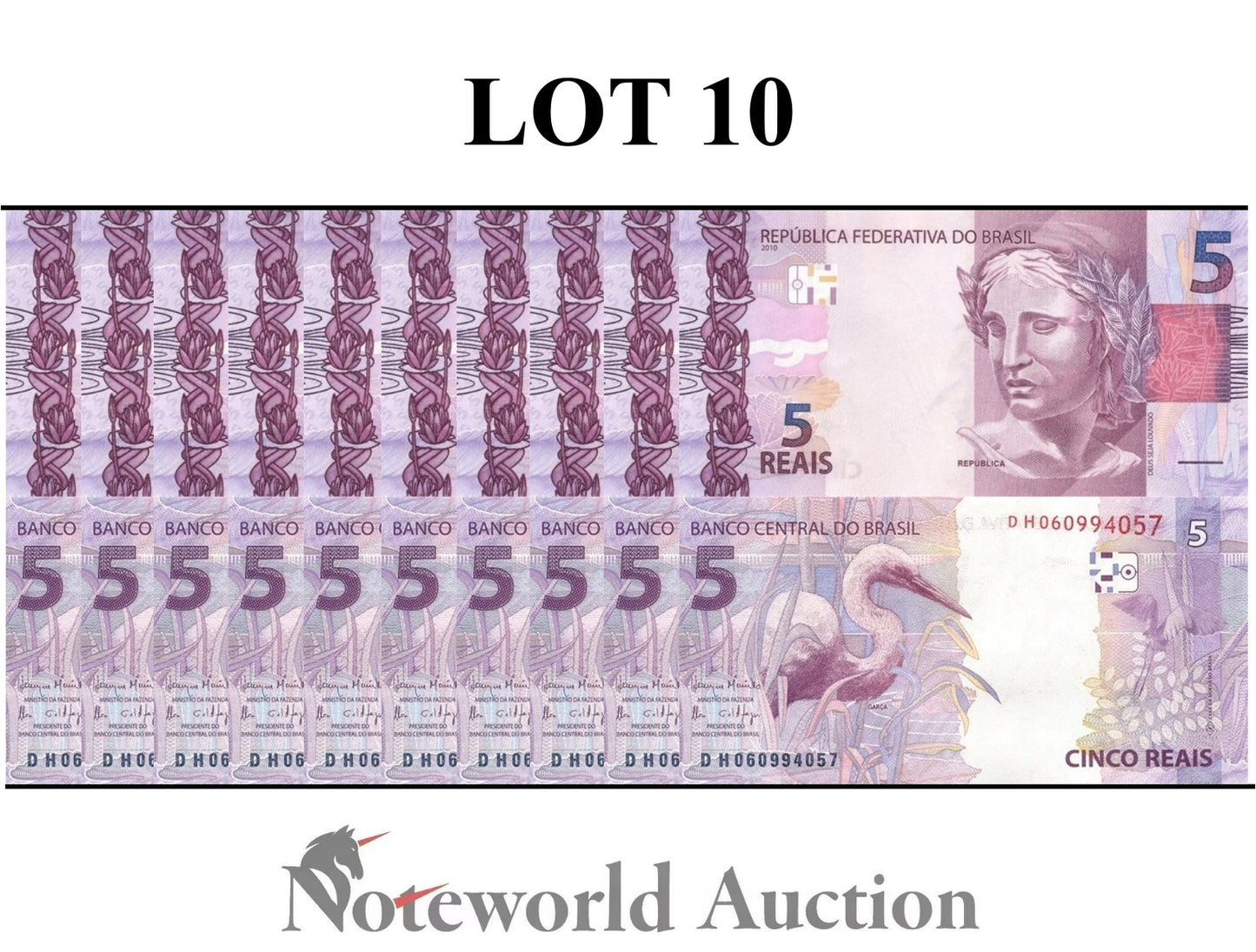 BRAZIL 5 Reais 2010 P 253 Random Sign Lot 10 pcs 1/10 Bundle UNC