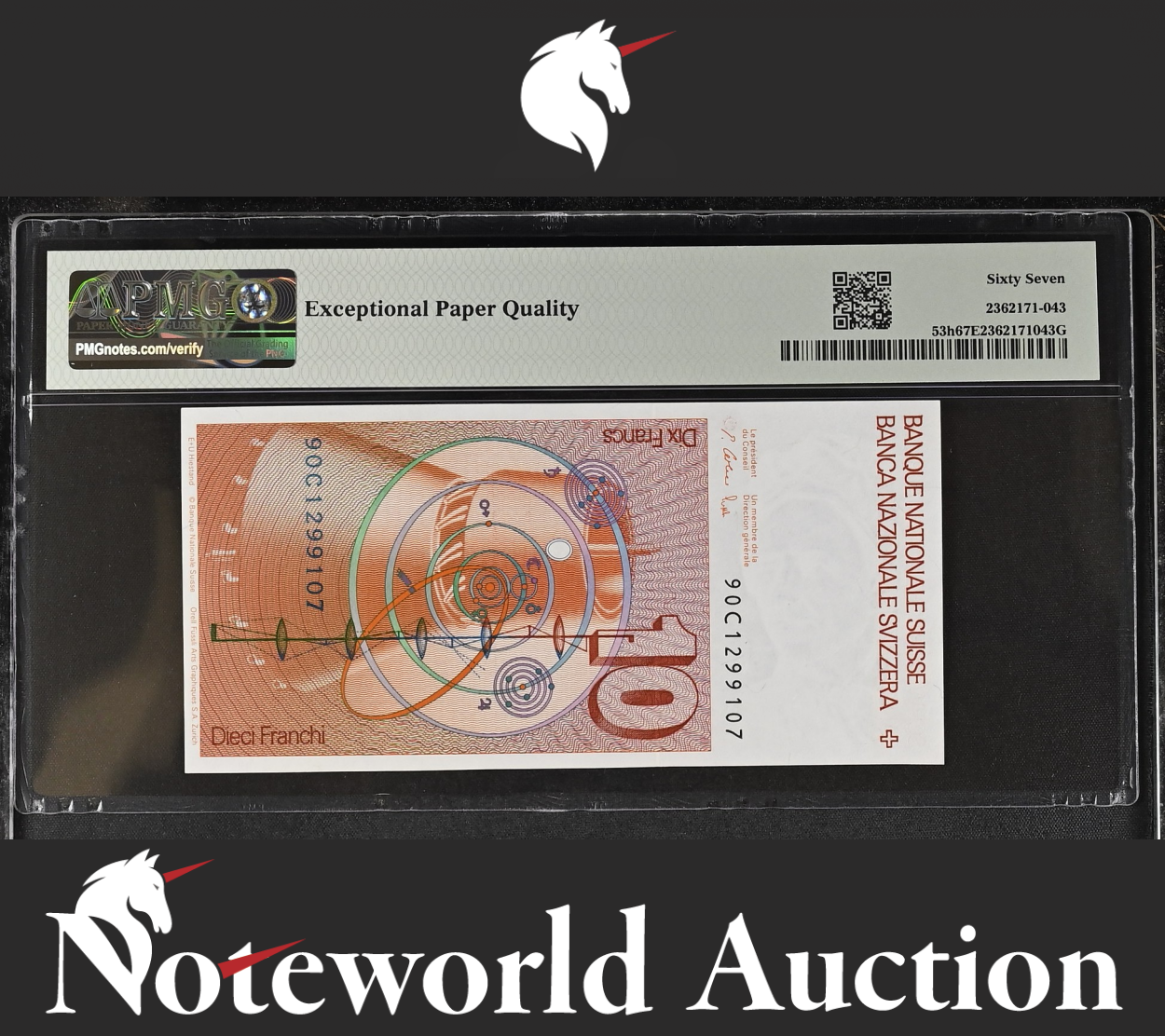 Switzerland National Bank 10 Franken 1990 P 53h UNC PMG 67 EPQ 2nd TOP POP