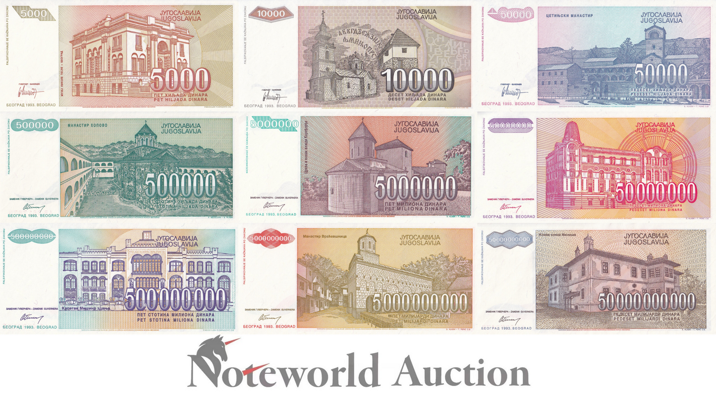 YUGOSLAVIA Set 9 pcs - 5000-50000000000 1993 P 128 129 130 131 132 133-136 UNC