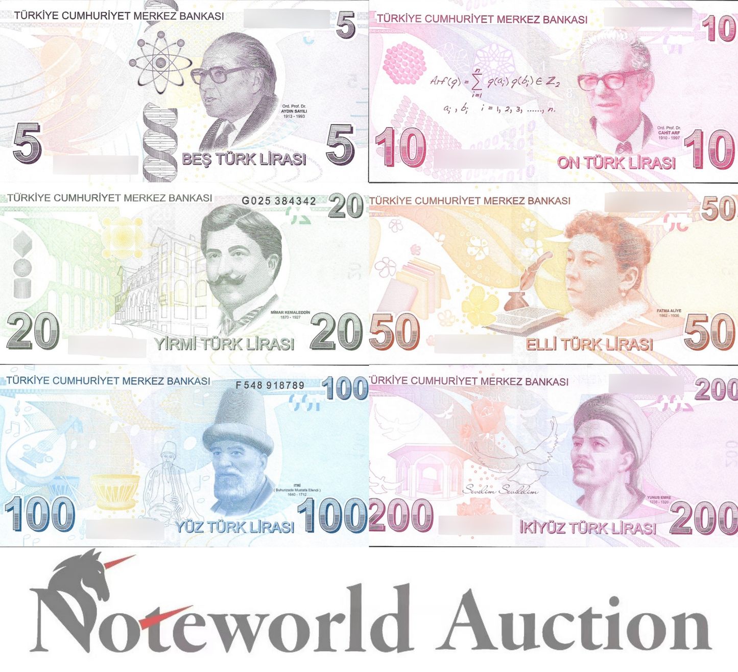 TURKEY 5 10 20 50 100 200 Turk Lirasi 2009-2023 P 222 223 - 227 Set 6 pcs UNC