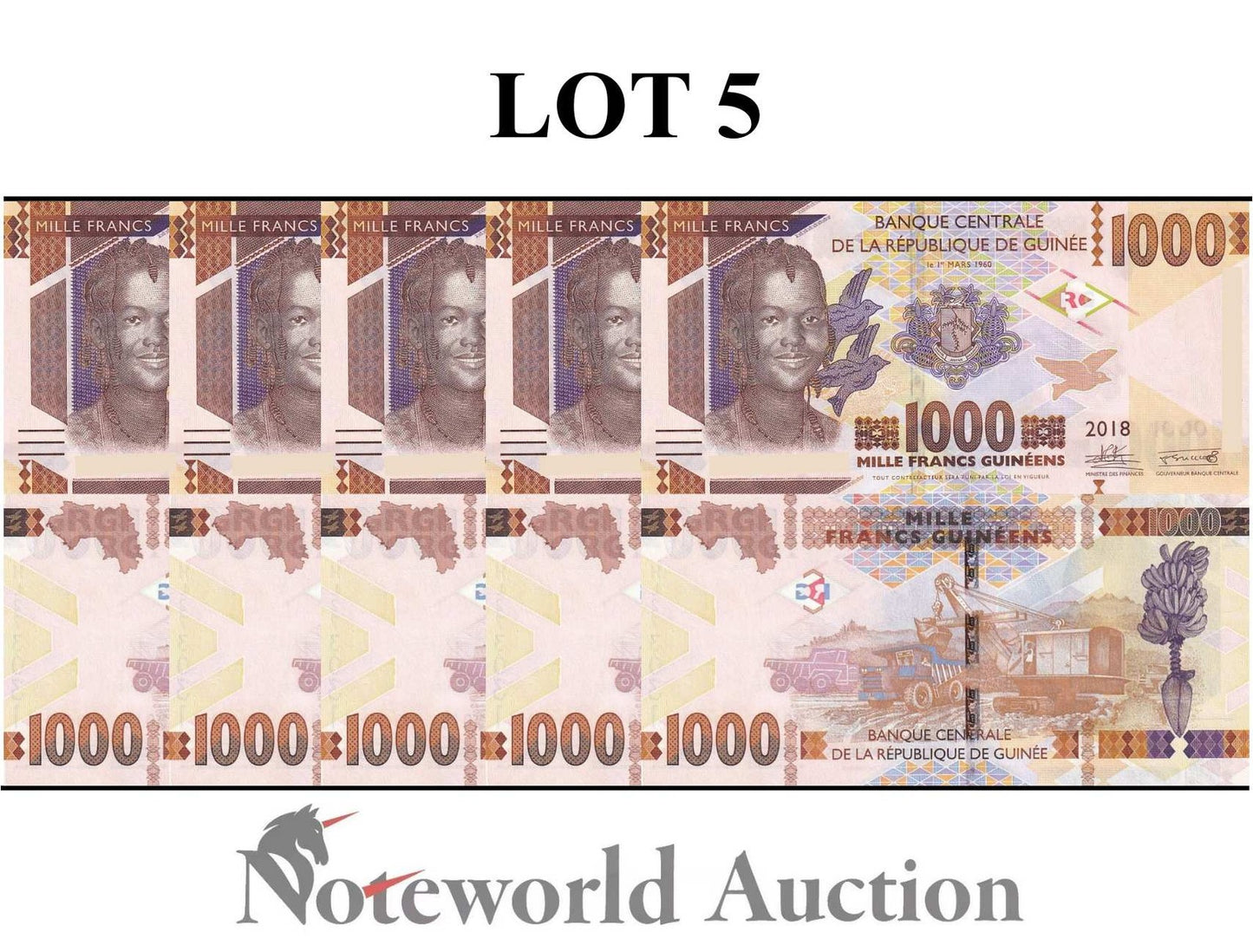 GUINEA 1000 Francs 2018 P 48 Lot 5 pcs 1/20 Bundle UNC