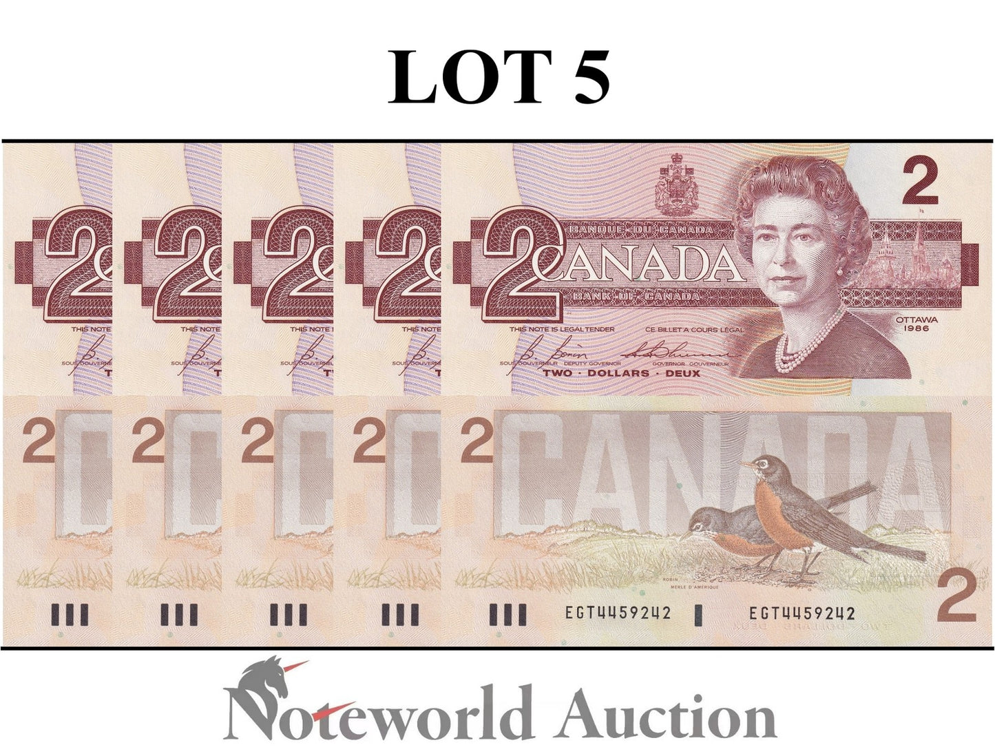CANADA Lot 5 pcs 1/20 Bundle - 2 Dollars 1986 P 94 Queen Elizabeth II UNC