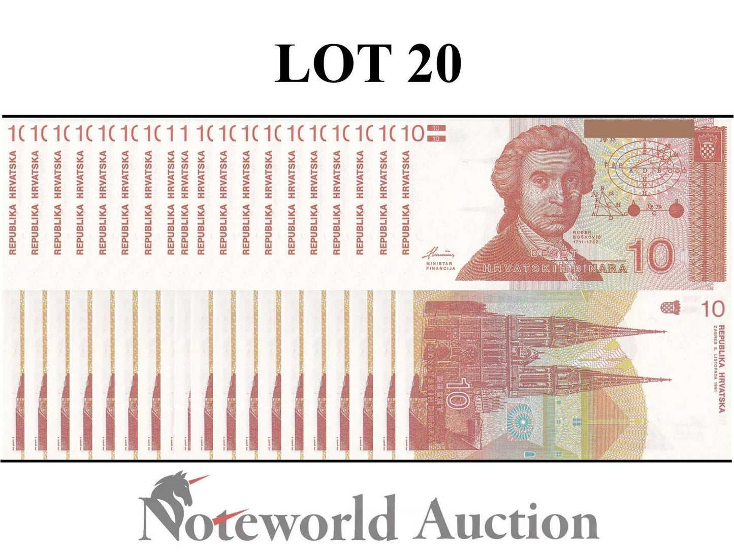 CROATIA Lot 20 pcs 1/5 Bundle - 10 Hrvatskih Dinara 1991 P 18 UNC
