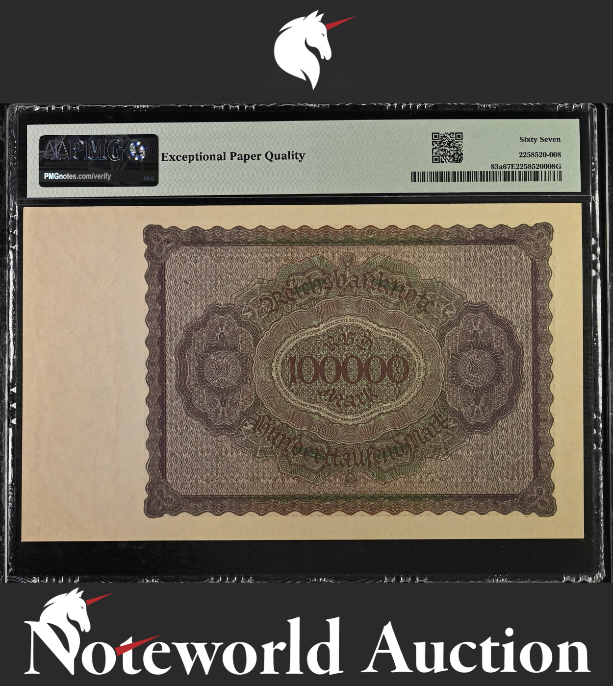 Germany Republic Treasury Note 100000 Mark 1923 P 83a UNC PMG 67 EPQ TOP POP