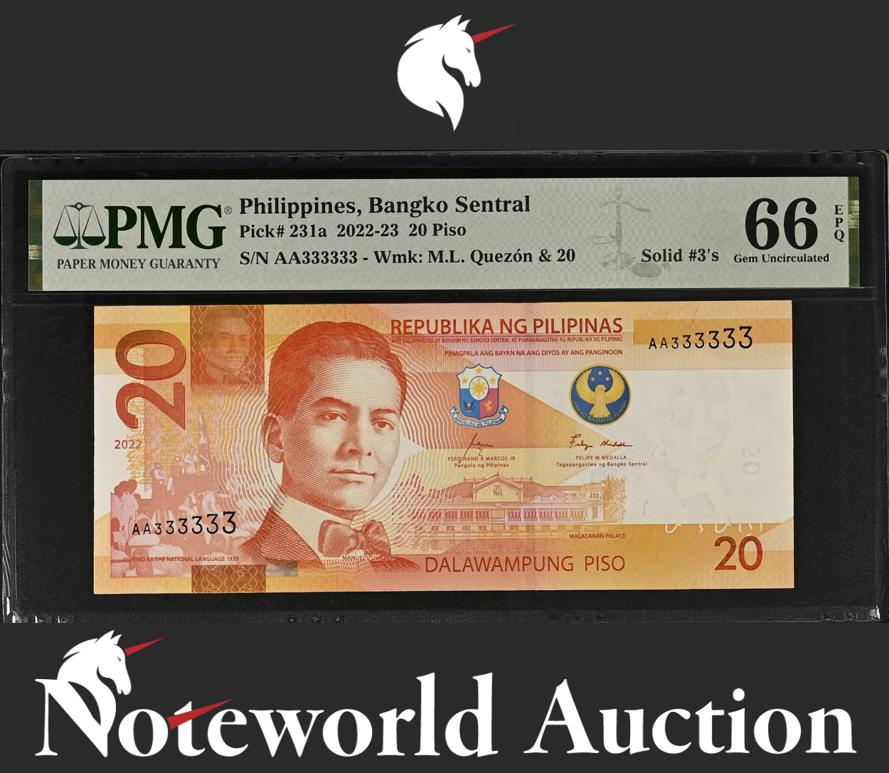 Philippines 20 2022-23 P 231a Prefix AA SOLID No.3 UNC PMG 66 EPQ NR 3rd TOP POP