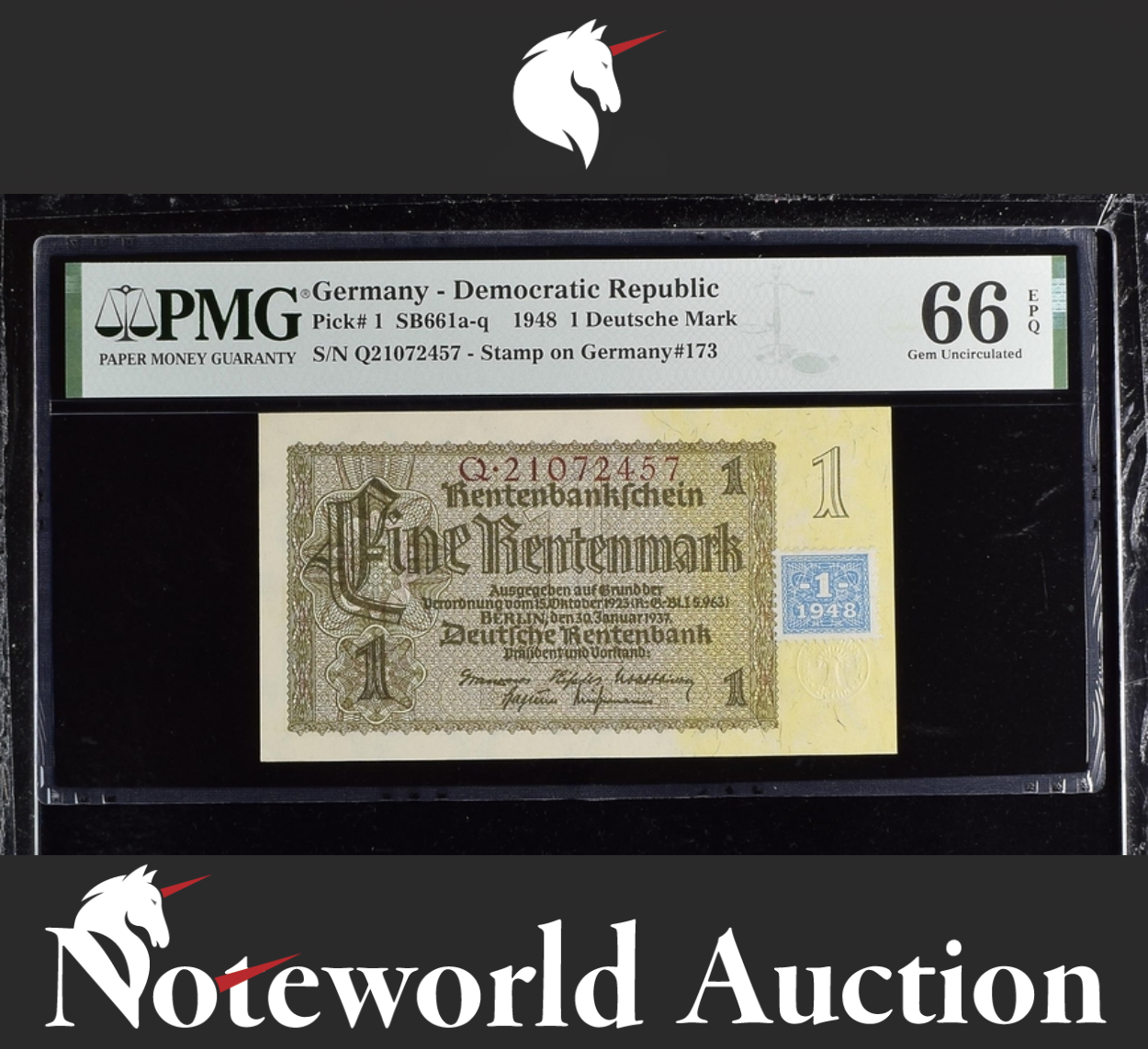 Germany Democratic Republic 1 Deutsche Mark 1948 P 1 UNC PMG 66 EPQ 3rd TOP POP