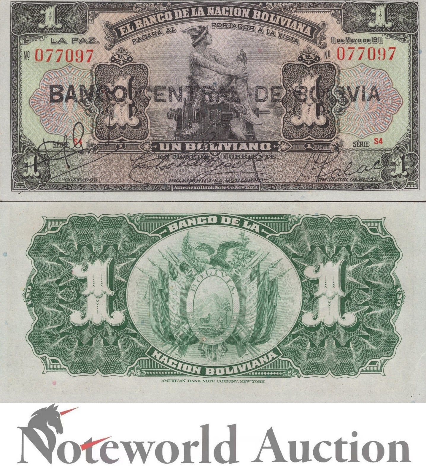 BOLIVIA 1 Boliviano 1911 (1929) P 112 Serie S4 UNC