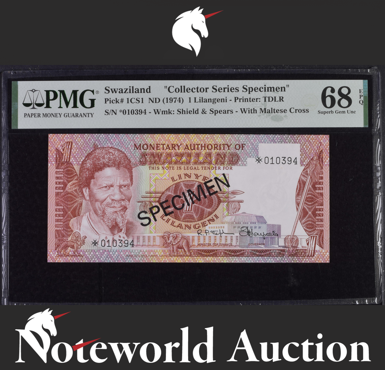 Swaziland Collector Series Specimen ND 1974 P 1CS1 UNC PMG 68 EPQ TOP POP