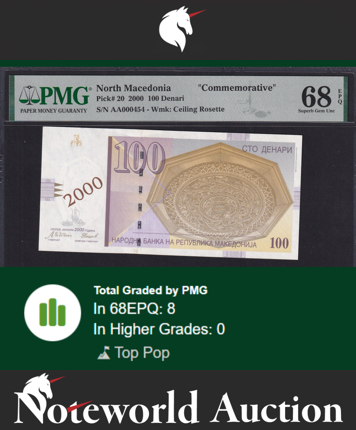 North Macedonia COMM. 2000 P 20 Prefix AA LOW No. 000454 UNC PMG 68 EPQ TOP POP