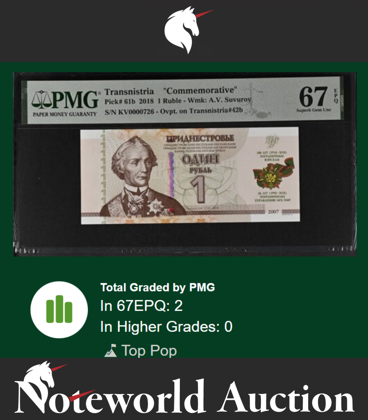 Transnistria COMM. 2018 P 61b Fancy LOW SN 0000726 UNC PMG 67 EPQ TOP POP