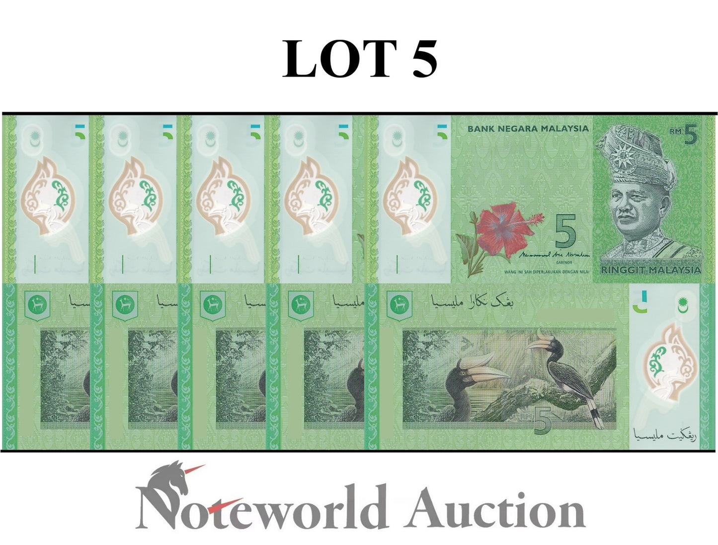 MALAYSIA 5 Ringgit 2017 P 52b Polymer Lot 5 pcs 1/20 Bundle UNC