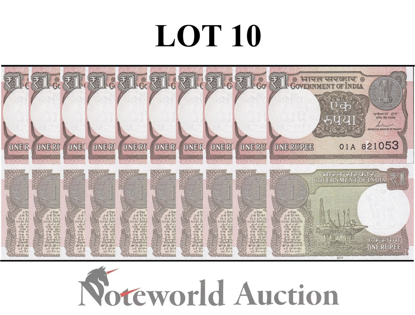 INDIA 1 Rupee 2017 P 117c Lot 10 pcs 1/10 Bundle UNC