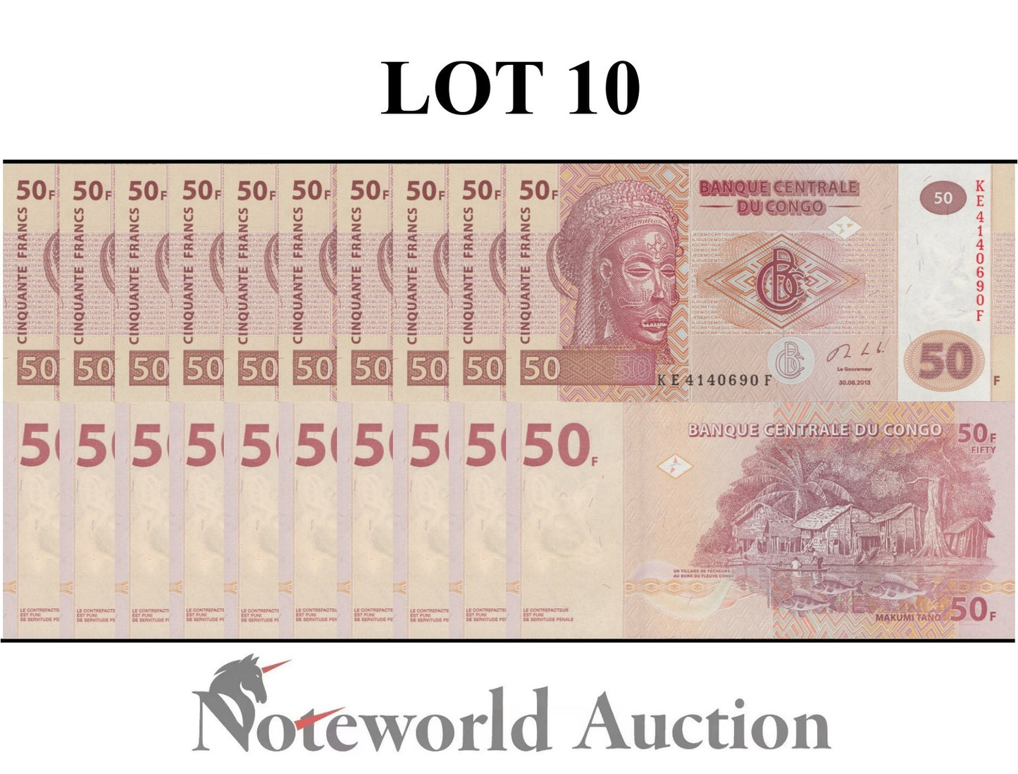 CONGO DEMOCRATIC REPUBLIC Lot 10 pcs 1/10 Bundle - 50 Francs 2013 P 97a UNC