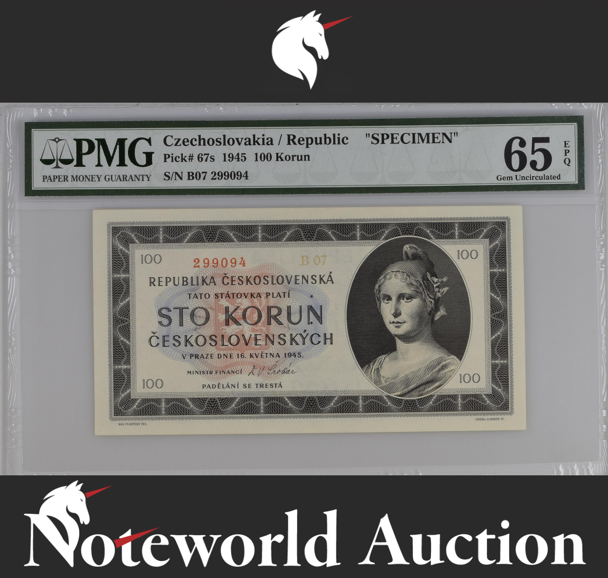 Czechoslovakia SPECIMEN 100 Korun 1945 P 67s UNC PMG 65 EPQ 3rd TOP POP