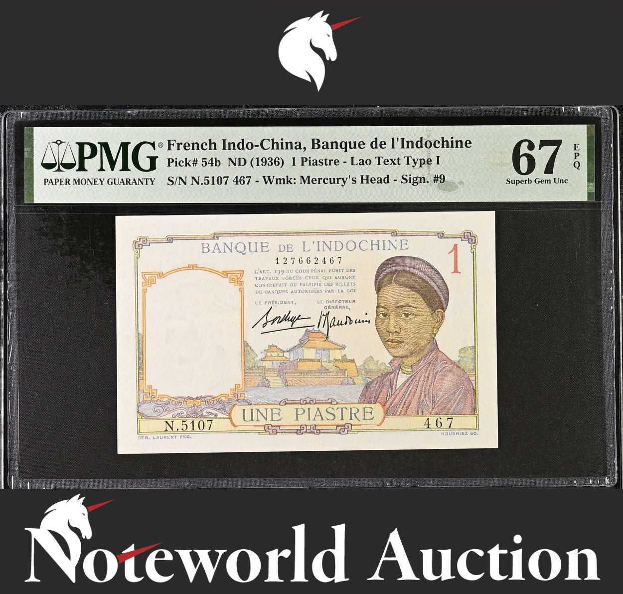 French Indo China 1 Piastre ND (1936) P 54b UNC PMG 67 EPQ 2nd TOP POP