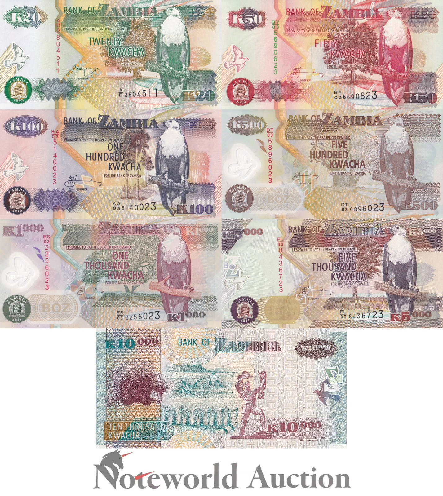 ZAMBIA 20 50 100-10000 Kwacha 1992-2011 P 36-38 43-46 Paper Polymer Set 7 UNC