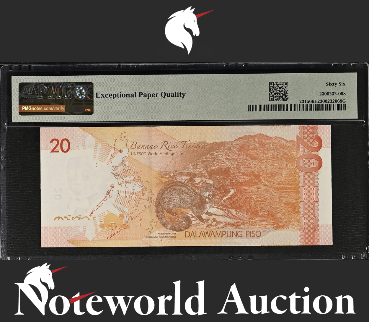 Philippines 20 2022-23 P 231a Prefix AA SOLID No.3 UNC PMG 66 EPQ NR 3rd TOP POP