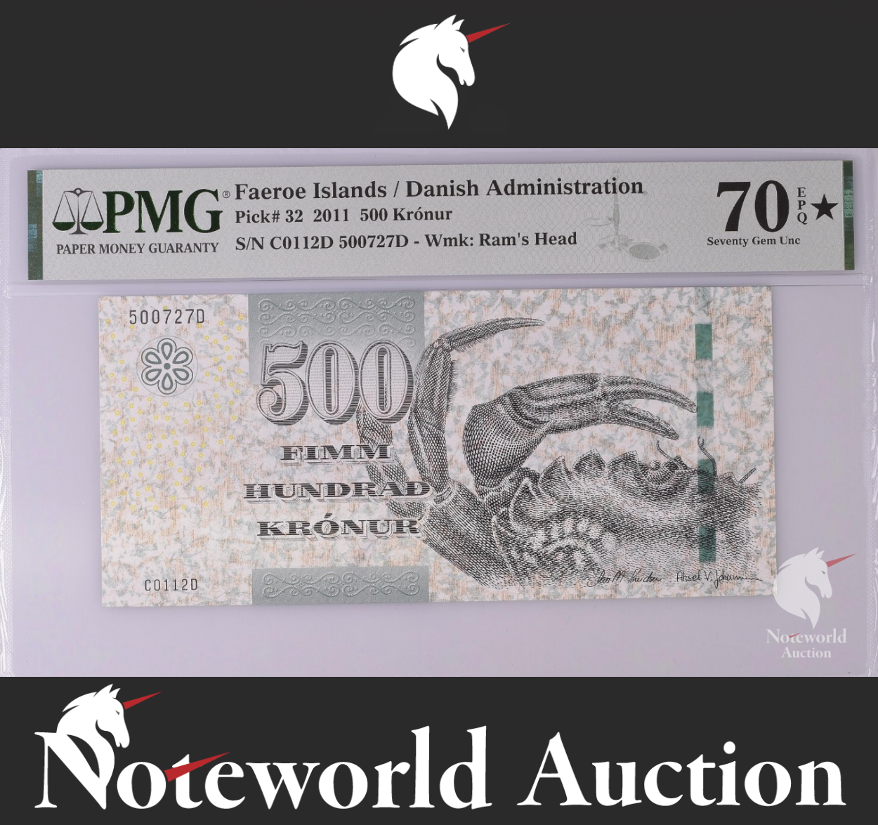 Faeroe Islands 500 Kronur 2011 P 32 UNC PMG 70 EPQ EXTRA STAR TOP POP