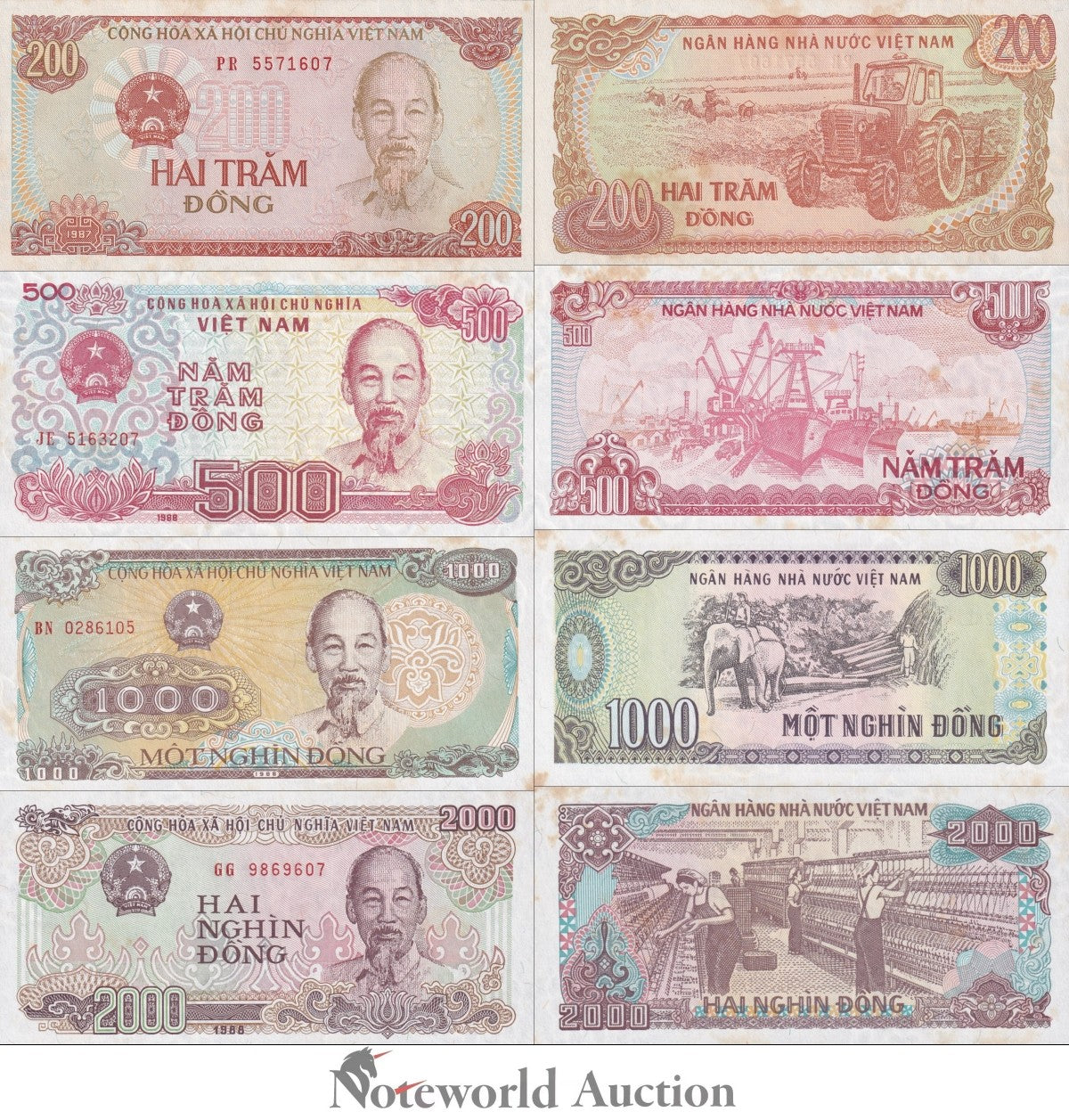 VIET NAM VIETNAM 200 500-2000 Dong 1987-88 P 100 101-107 FOXING Set 4 pcs UNC