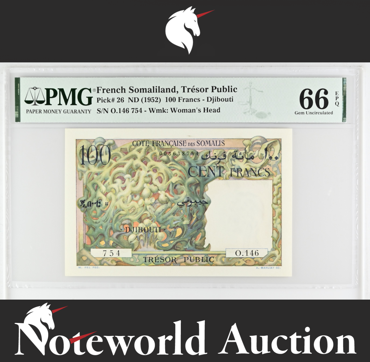 French Somaliland 100 Francs ND (1952) P 26 UNC PMG 66 EPQ 3rd TOP POP