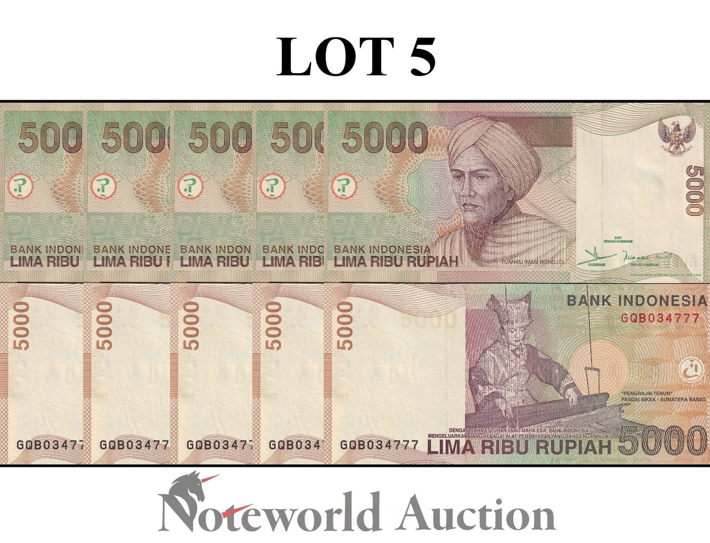 INDONESIA 5000 Rupiah 2001/2003 P 142 Lot 5 pcs 1/20 Bundle UNC