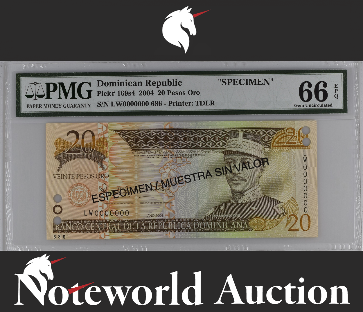Dominican Republic SPECIMEN 20 Pesos 2004 P 169s4 UNC PMG 66 EPQ 2nd TOP POP