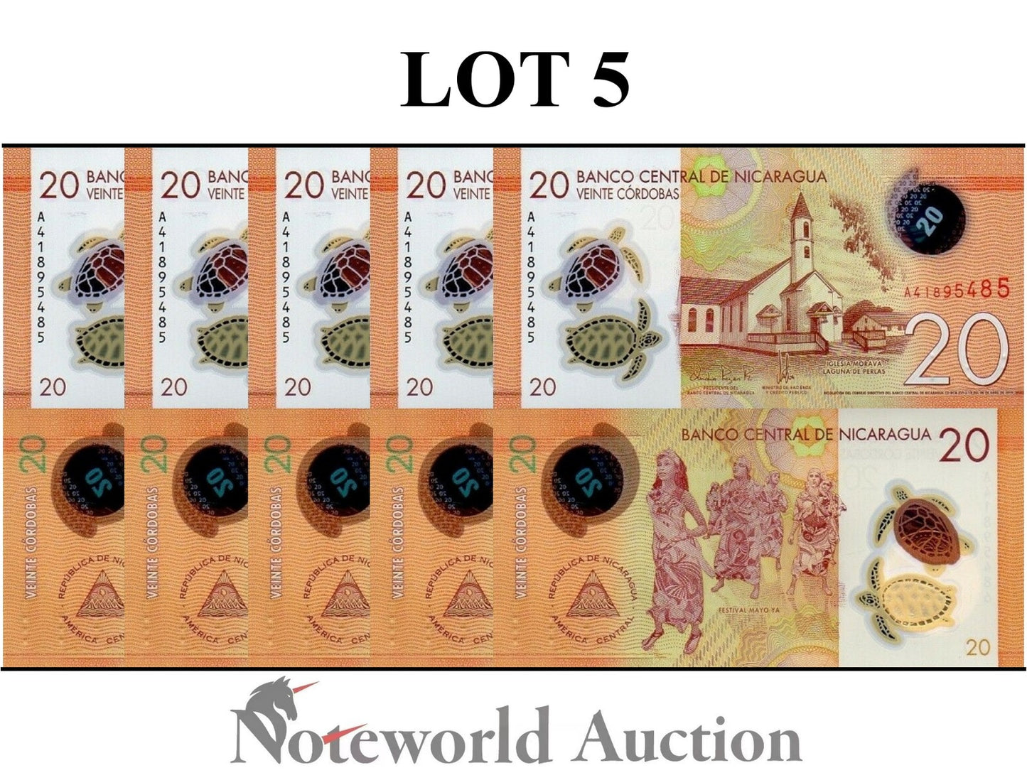 NICARAGUA 20 Cordobas 2019 P 210a Polymer Lot 5 pcs 1/20 Bundle UNC
