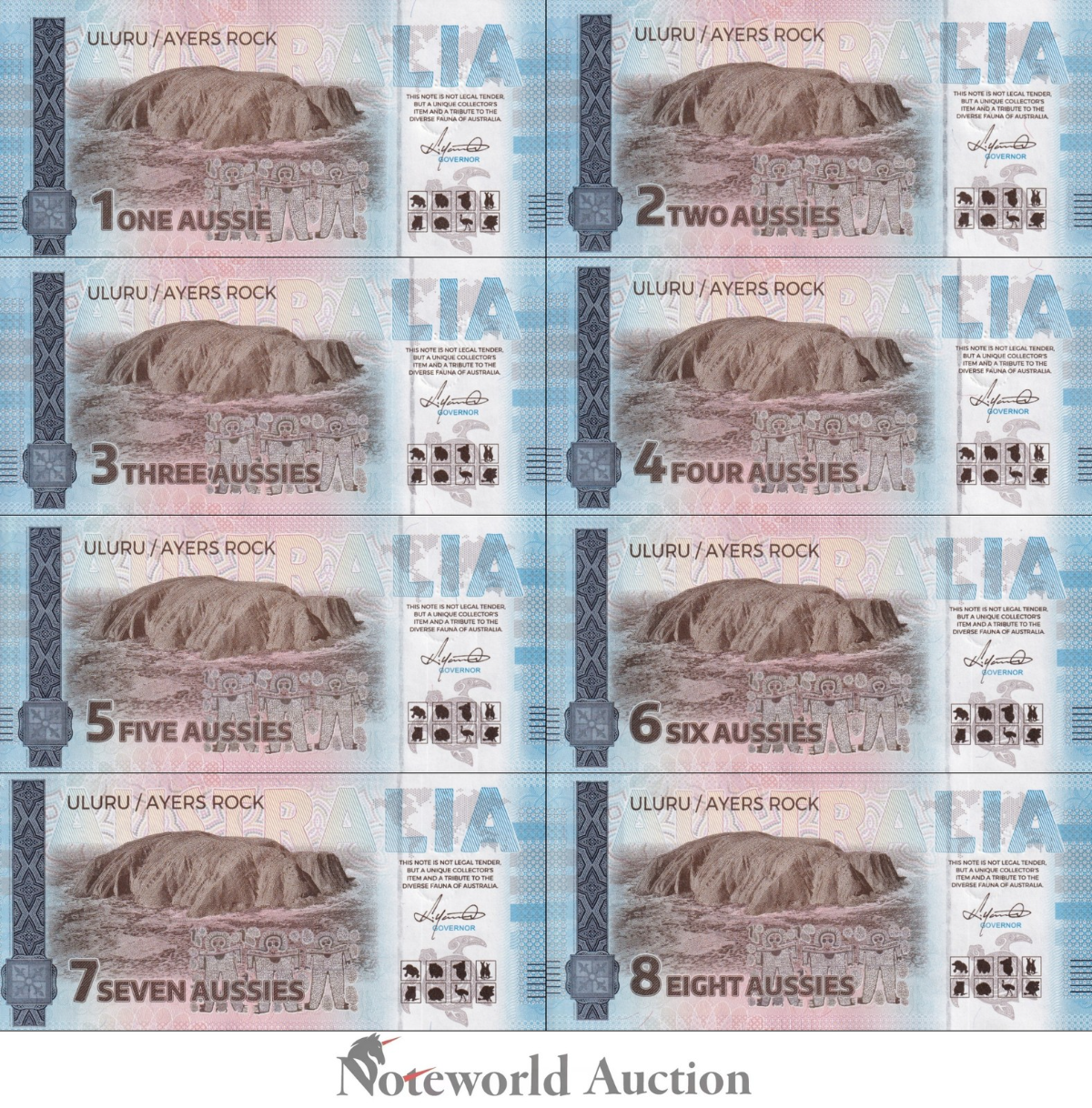 Australia TEST NOTE Complete set of Eight Souvenir Note Set 8 LOT 10 UNC