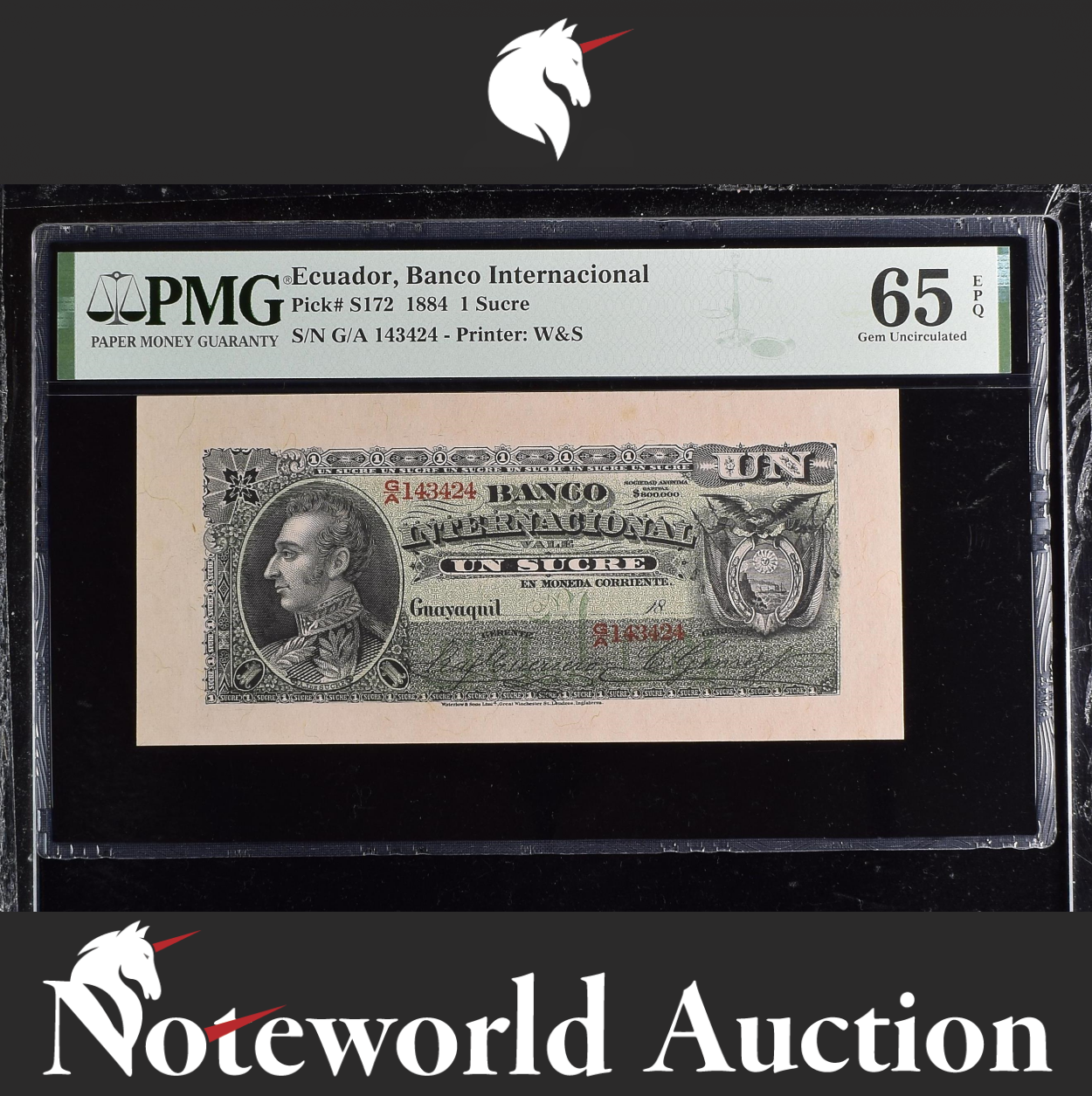 Ecuador Banco Internacional 1 Sucre 1884 P S172 UNC PMG 65 EPQ 3rd TOP POP