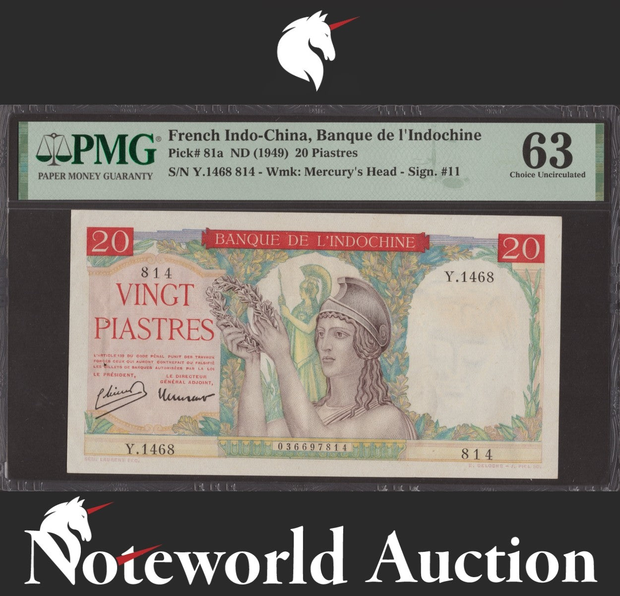 French Indo China 20 Piastres ND 1949 P 81a UNC PMG 63 2nd TOP POP