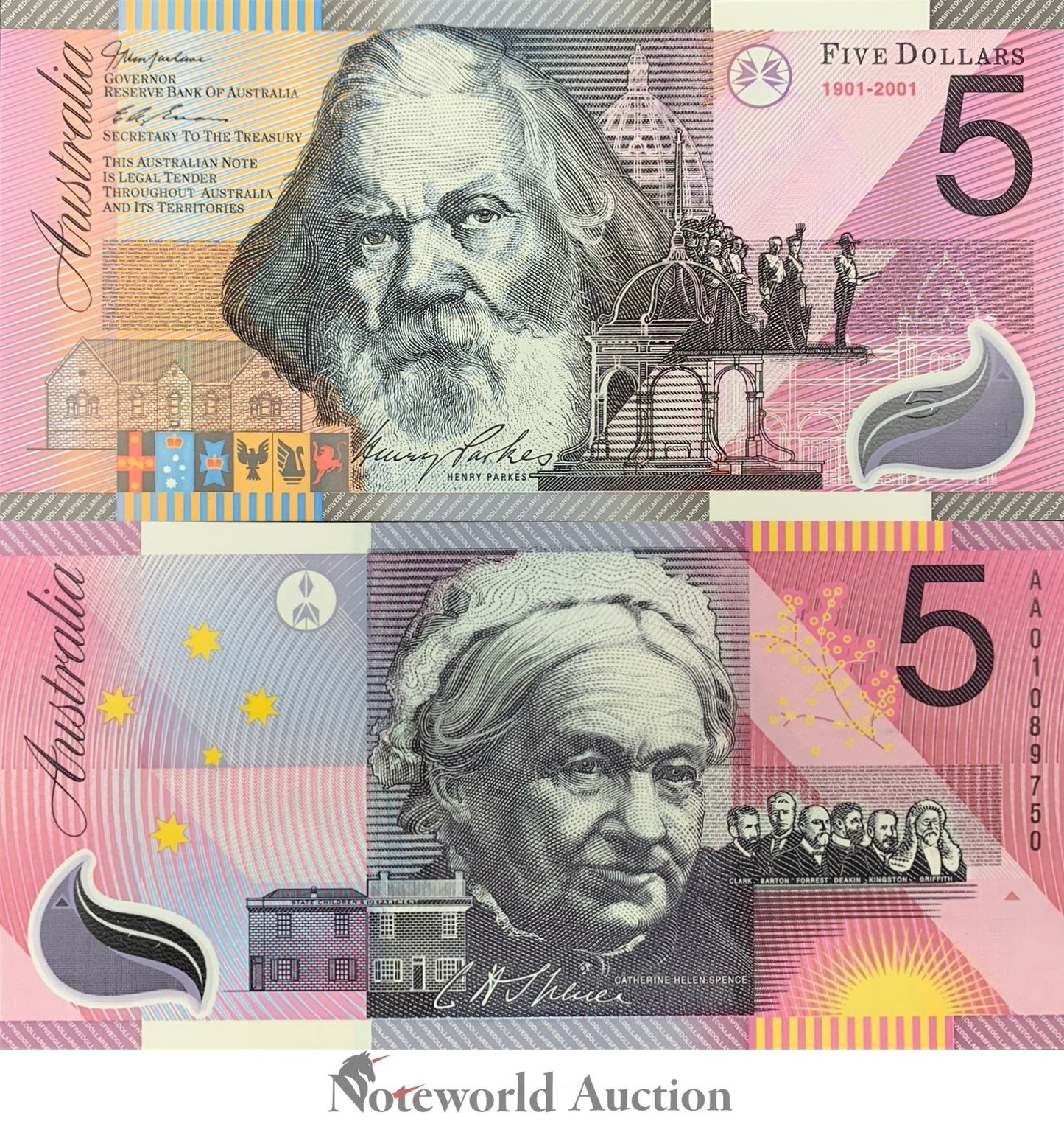 AUSTRALIA 5 Dollars 1901-2001 P 56b COMM. Polymer Prefix AA With Folder UNC