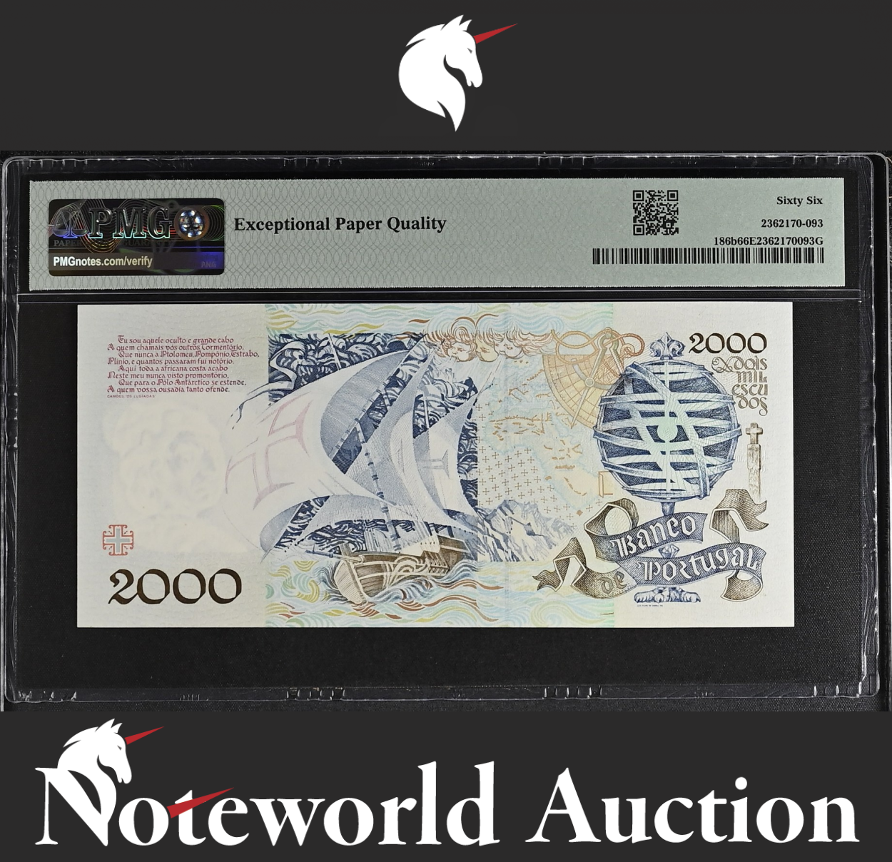 Portugal Banco de Portugal 2000 Escudos 1991 P 186b UNC PMG 66 EPQ 3rd TOP POP
