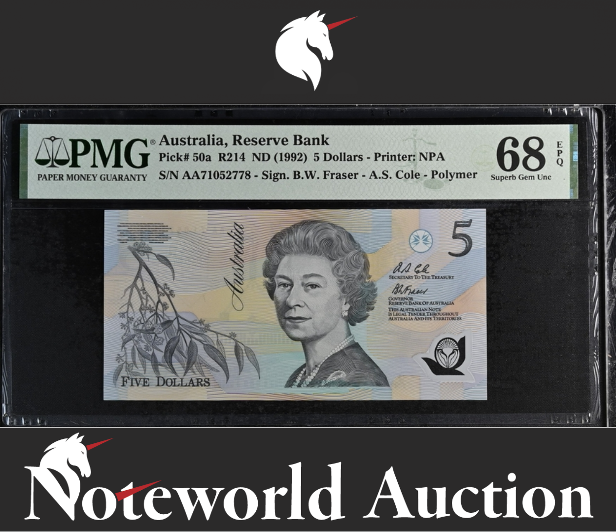 Australia 5 Dollars ND (1992) P 50a Polymer First Prefix AA UNC PMG 68 EPQ