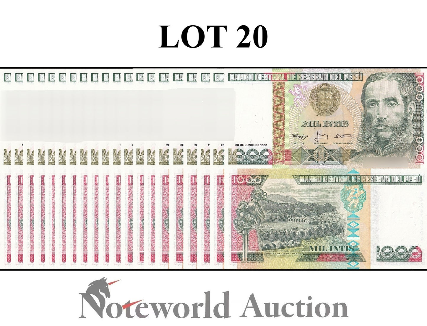 PERU 1000 lntis 1988 P 136b Lot 20 pcs 1/5 Bundle UNC