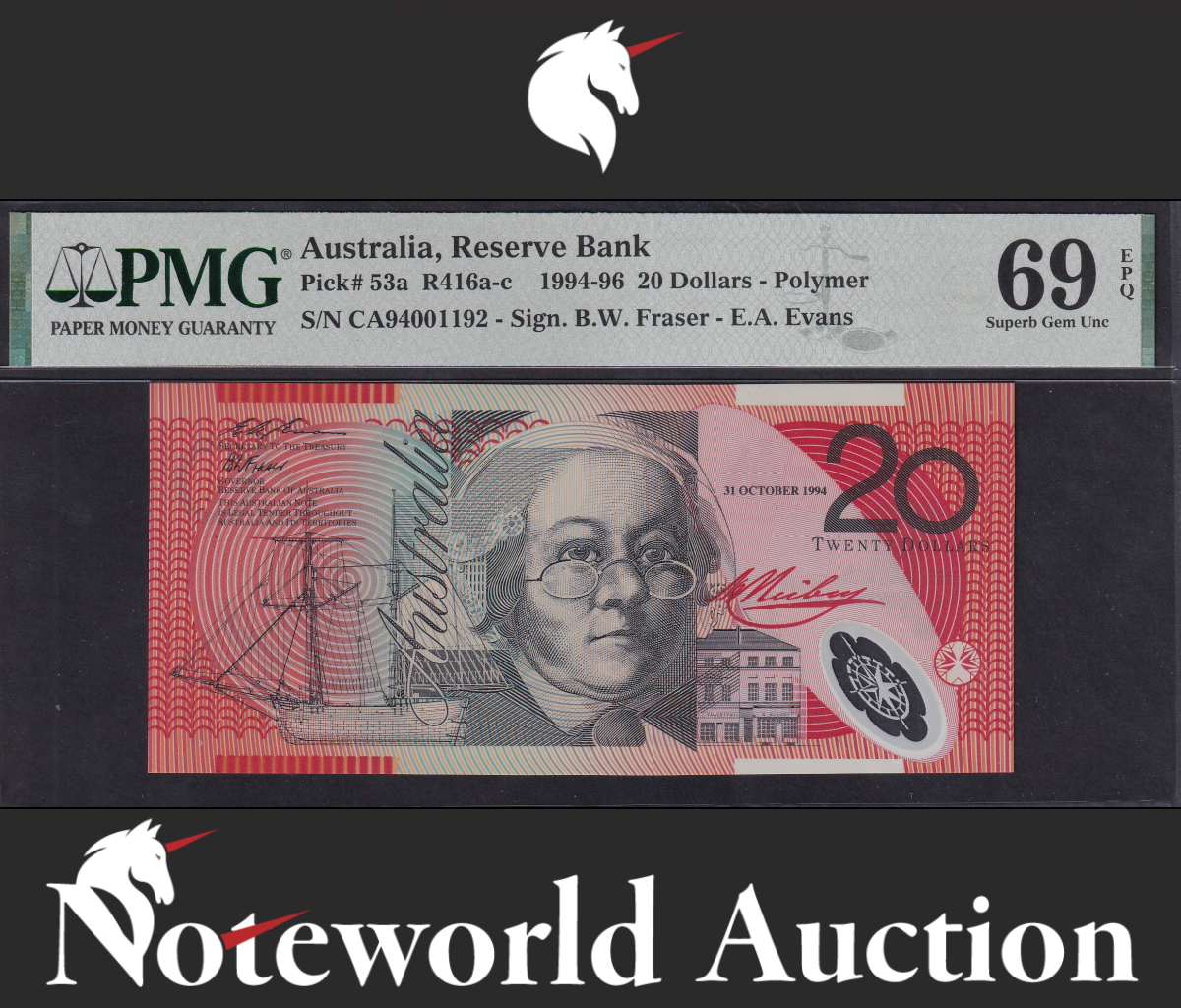 Australia COMM. 1994-96 Polymer Prefix CA94 UNC PMG 69 EPQ W/Folder TOP POP