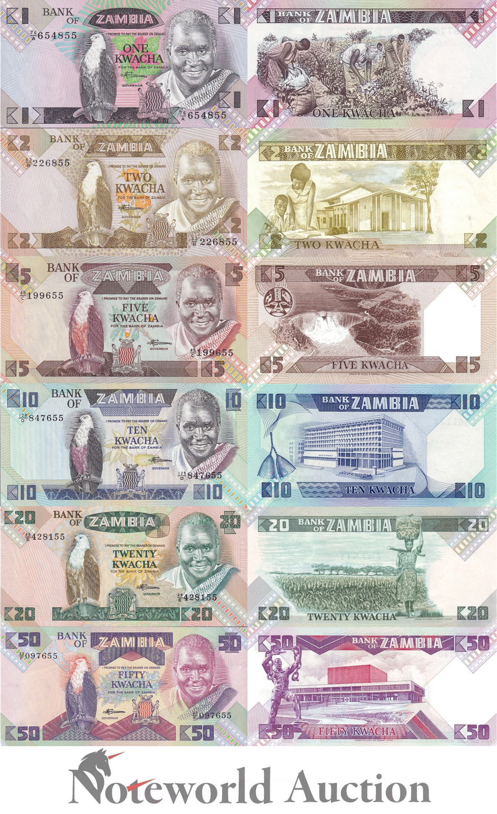 ZAMBIA Set 6 pcs - 1 2 5 10 20 50 Kwacha 1980-1988 P 23 24 25-28 UNC